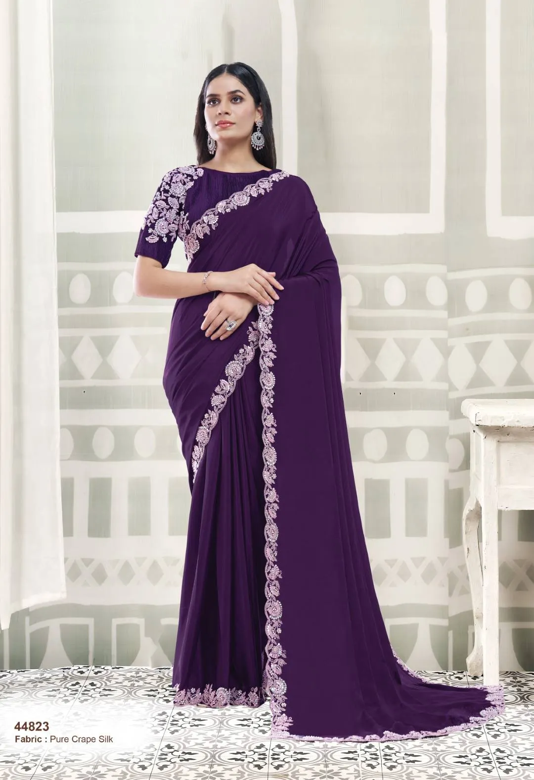 PURPLE PURE CREPE SILK SAREE WITH DUAL SEQUINS