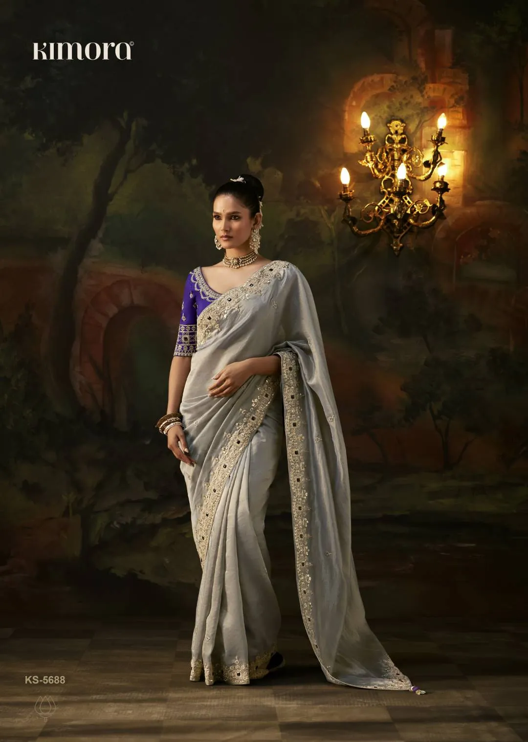 Kimora Elegant Grey Silk Saree with Embroidered Purple Designer Blouse