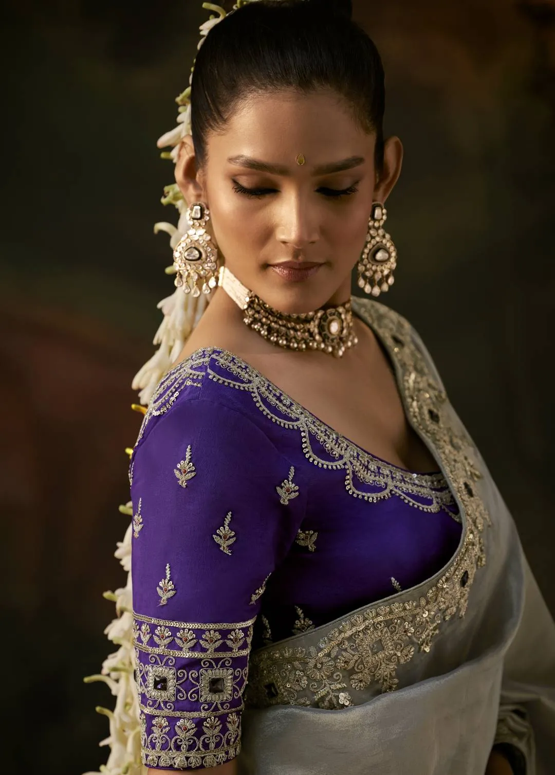 Kimora Elegant Grey Silk Saree with Embroidered Purple Designer Blouse