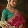 Kimora Gharana KS-5691 Pink Viscose Zari Tissue Saree with Green Embroidered Blouse
