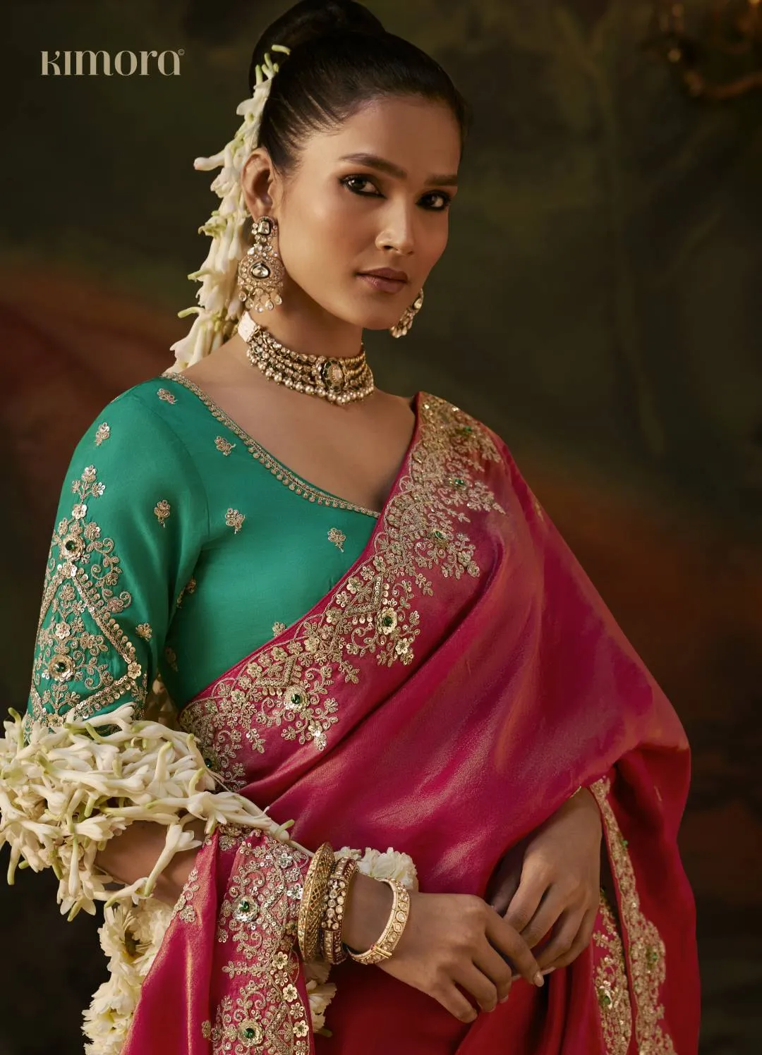 Kimora Gharana KS-5691 Pink Viscose Zari Tissue Saree with Green Embroidered Blouse