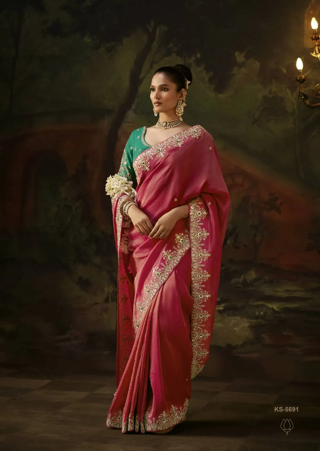 Kimora Gharana KS-5691 Pink Viscose Zari Tissue Saree with Green Embroidered Blouse