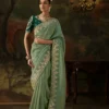 Kimora Gharana Sage Green Shimmer Silk Saree with Heavy Gold Embroidery Border and Deep Emerald Green Embroidered Blouse Piece | Luxury Wedding & Festive Wear