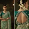 Kimora Gharana Sage Green Shimmer Silk Saree with Heavy Gold Embroidery Border and Deep Emerald Green Embroidered Blouse Piece | Luxury Wedding & Festive Wear