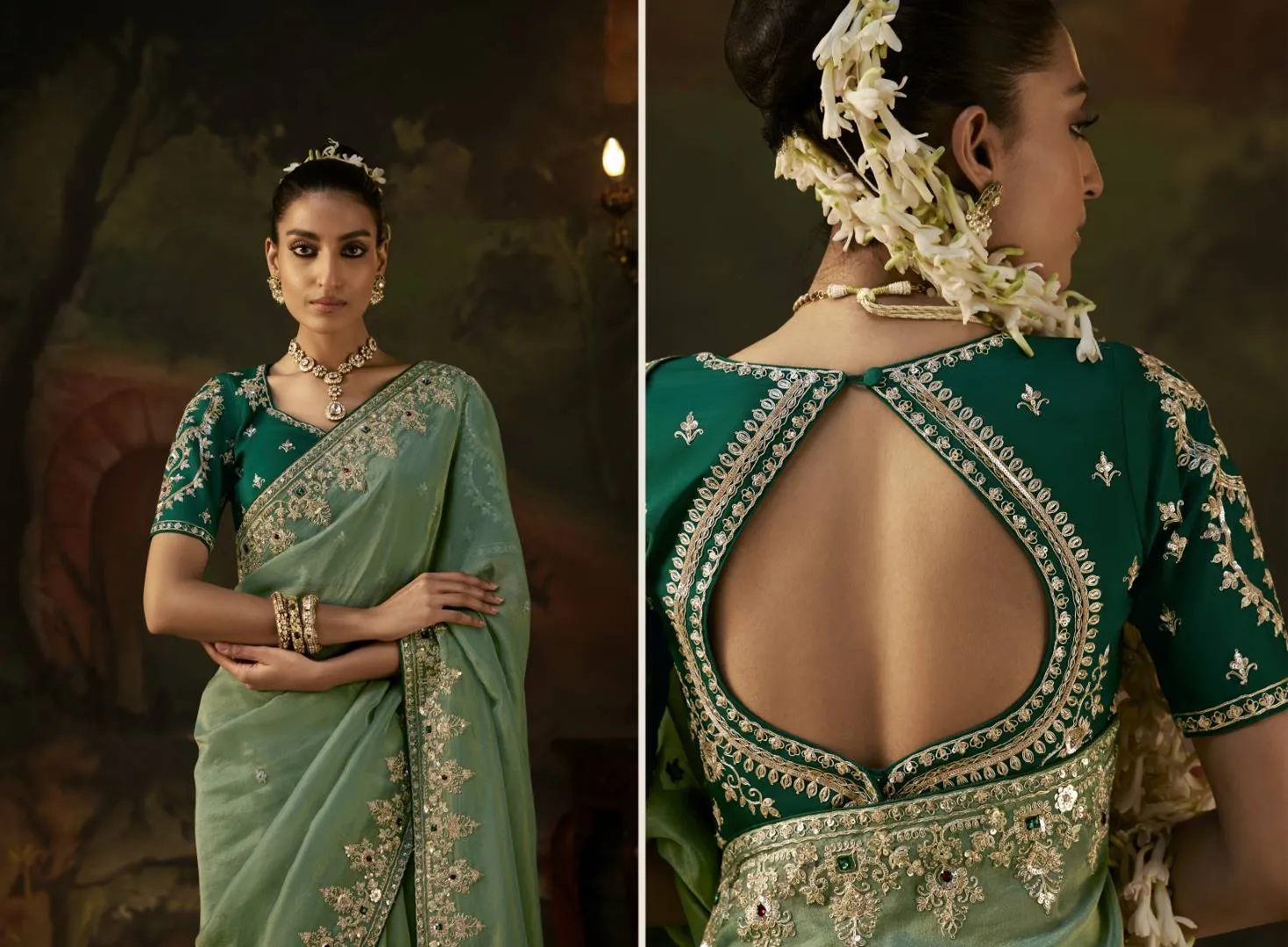 Kimora Gharana Sage Green Shimmer Silk Saree with Heavy Gold Embroidery Border and Deep Emerald Green Embroidered Blouse Piece | Luxury Wedding & Festive Wear