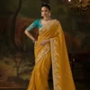 Kimora Gharana Mustard Yellow Tissue Silk Saree with Teal Blue Embroidered Blouse