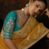 Kimora Gharana KS-5681 Mustard Yellow Tissue Silk Saree with Teal Blue Embroidered Blouse
