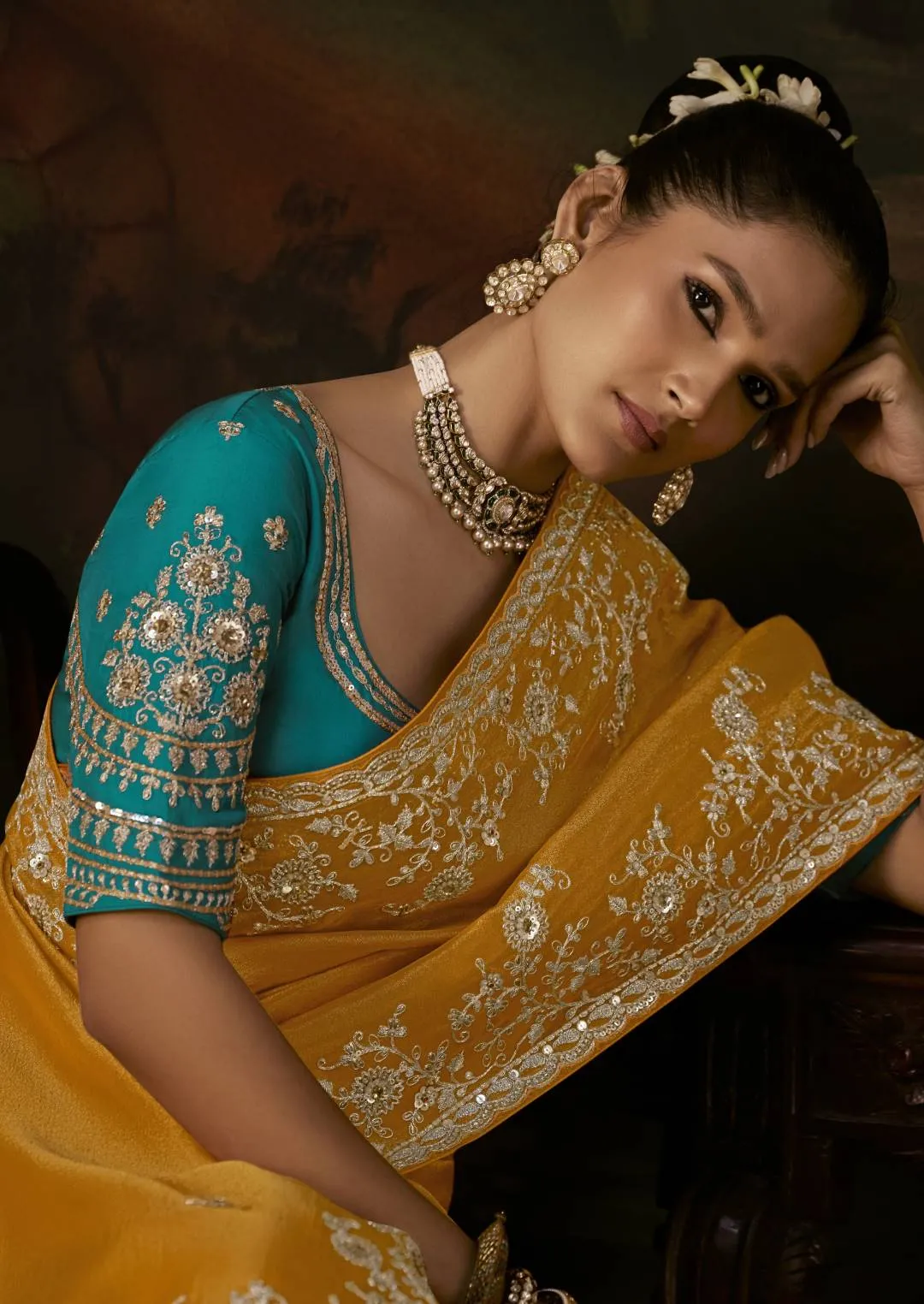 Kimora Gharana KS-5681 Mustard Yellow Tissue Silk Saree with Teal Blue Embroidered Blouse
