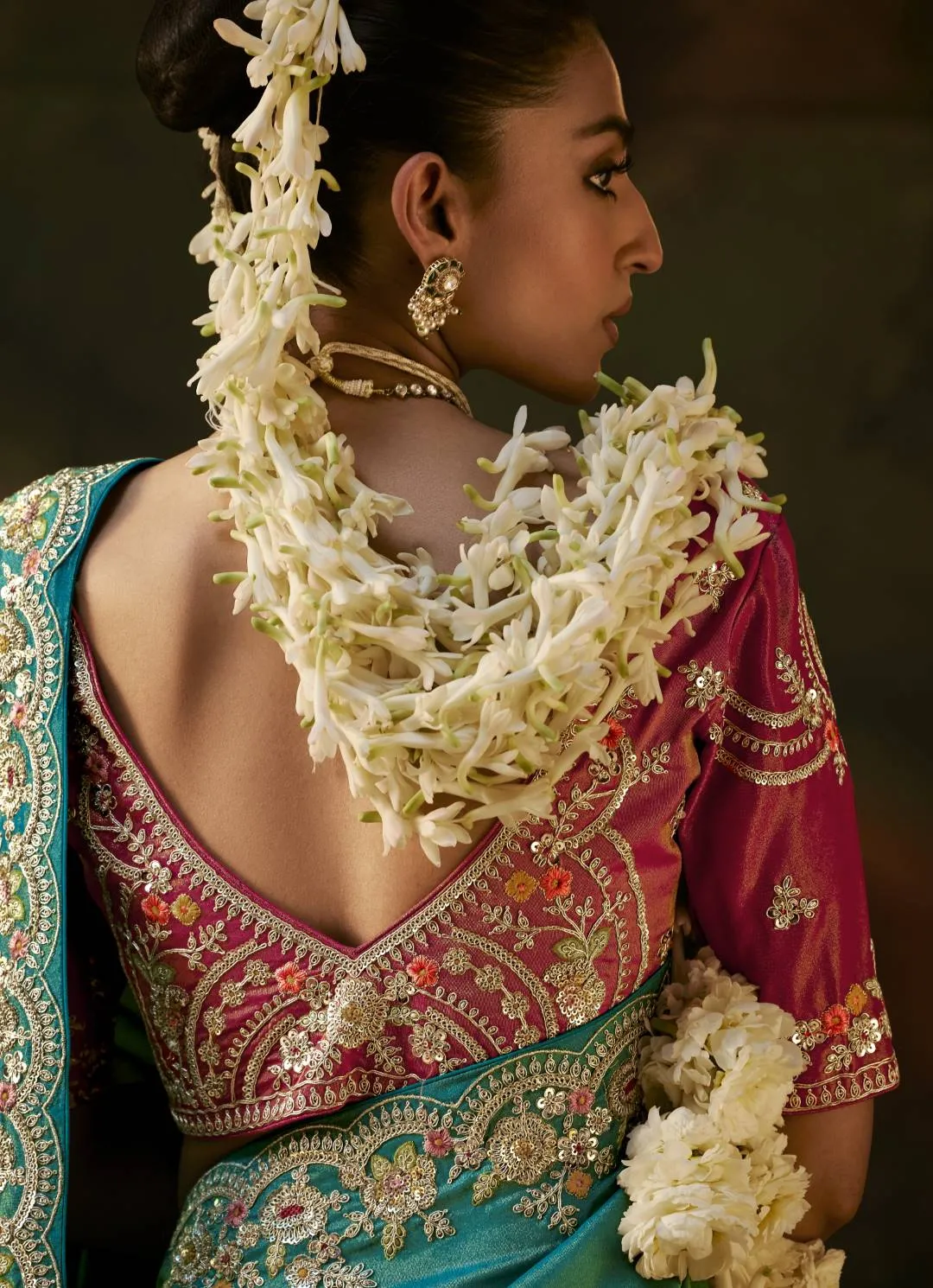 Kimora Gharana Viscose Zari Tissue Saree in Teal with Heavy Embroidered Pink Blouse