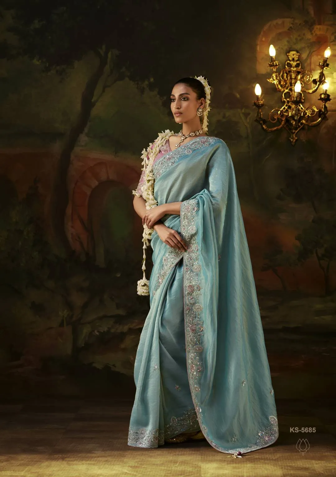 Kimora KS-5685 Powder Blue Shimmer Silk Designer Saree with Heavy Border
