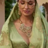 Sage Olive Green Silk Saree With Gold Elephant Zari