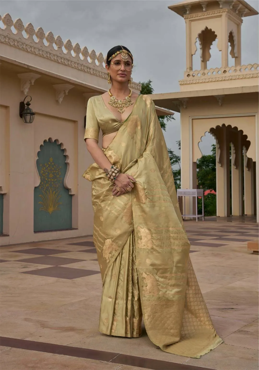 Olive Green Banarasi Silk Saree With Elephant Motif