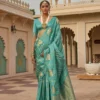 Sabyasachi Turquoise Silk Saree with Heritage Golden Elephant Motifs & Zari Pallu