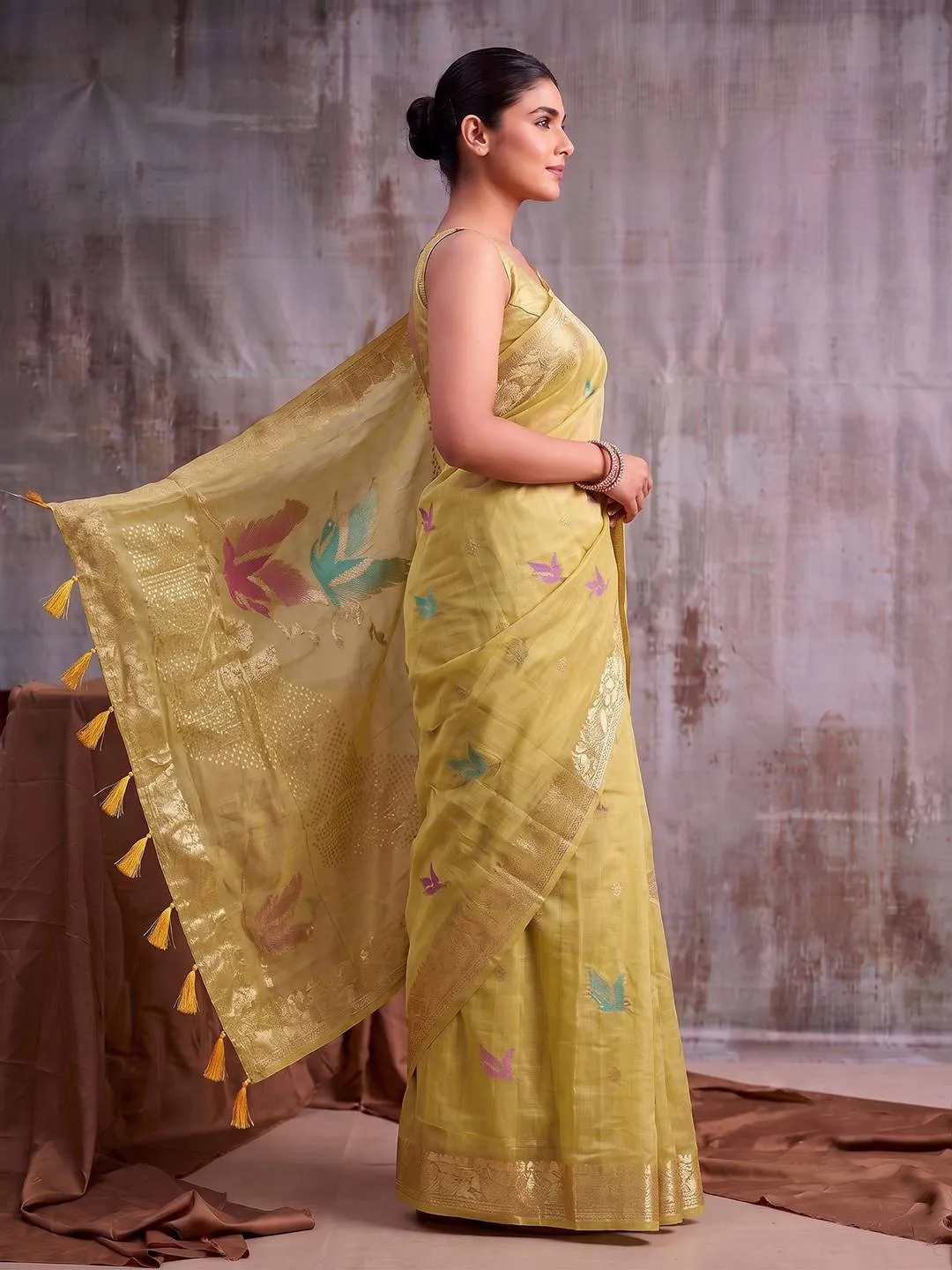 Mustard Color Smart Cotton Blend Fancy Woven Designer Saree For Woman