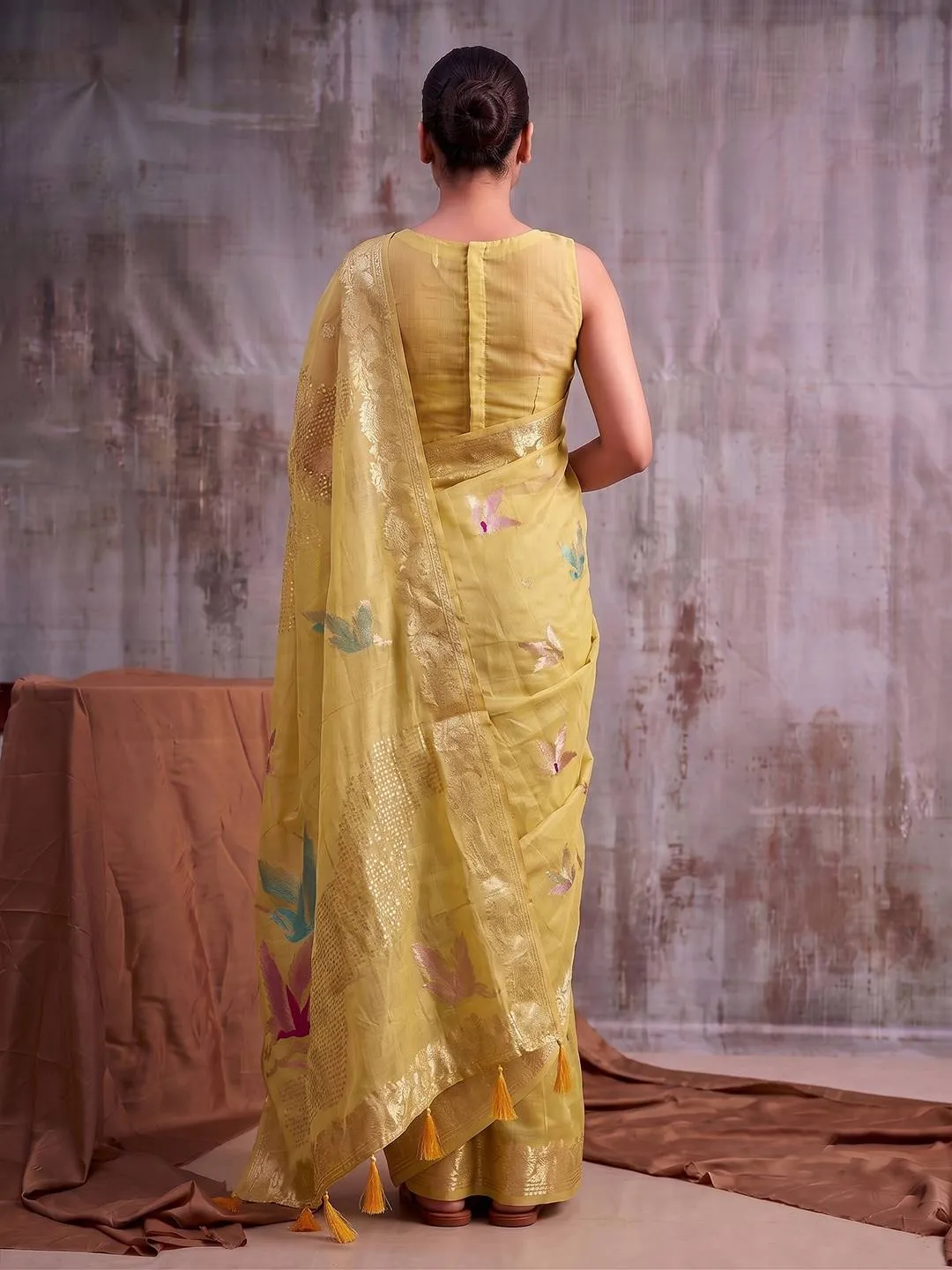 Mustard Color Smart Cotton Blend Fancy Woven Designer Saree for woman