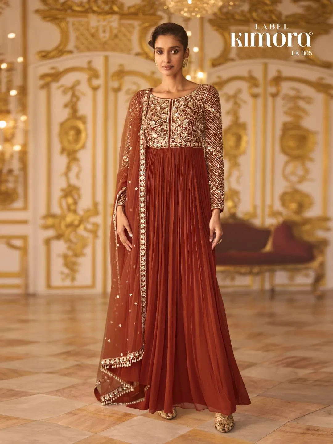 Amber Rust Orange Georgette Anarkali Suit with Radiant Zari & Sequins For Woman
