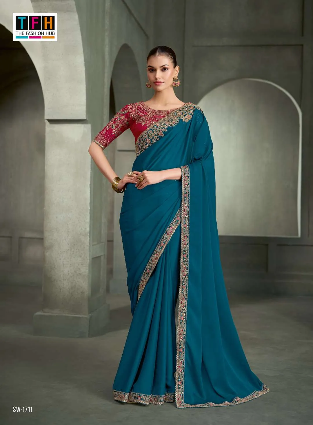 Rich Blue Crape Silk Saree with Heavy Georgette Work Blouse