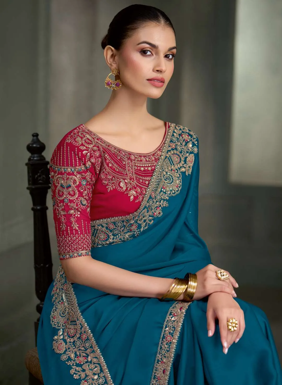 Rich Blue Crape Silk Saree with Heavy Georgette Work Blouse
