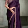 PURPLE SARTIN SILK CHIFFON SAREE & BANGLORI WORK BLOUSE