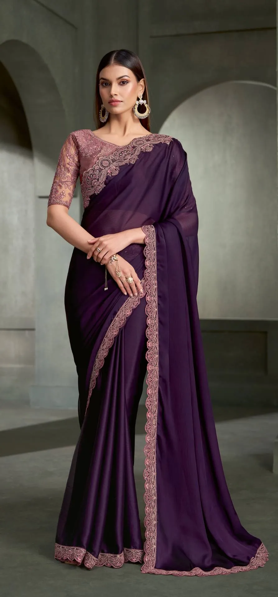 PURPLE SARTIN SILK CHIFFON SAREE & BANGLORI WORK BLOUSE