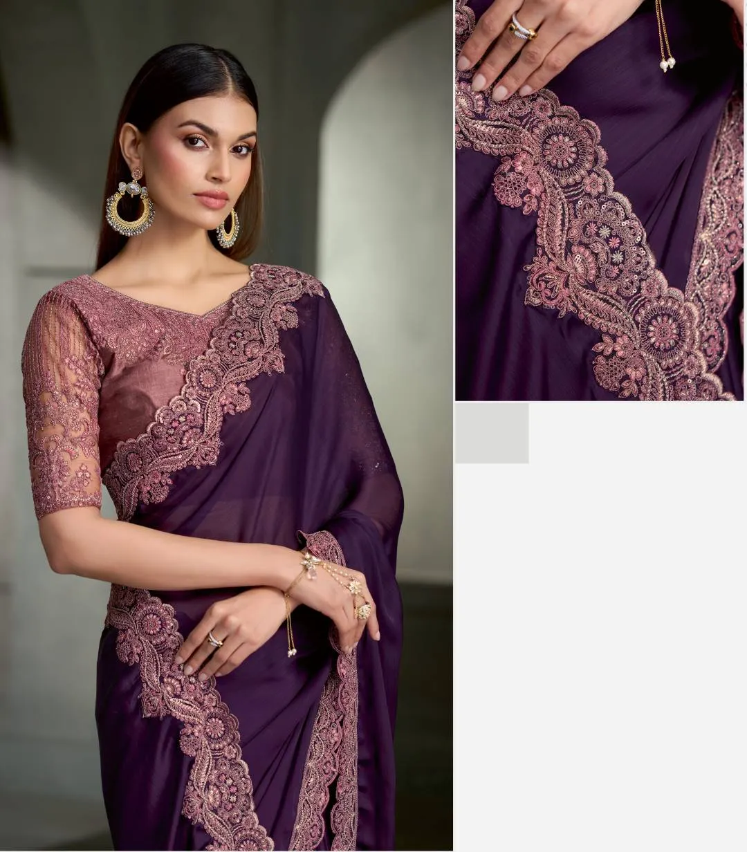 PURPLE SARTIN SILK CHIFFON SAREE & BANGLORI WORK BLOUSE