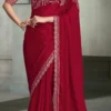 WOMAN'S CHERRY RED SARTIN SILK CHIFFON SAREE & BANGLORI WORK BLOUSE