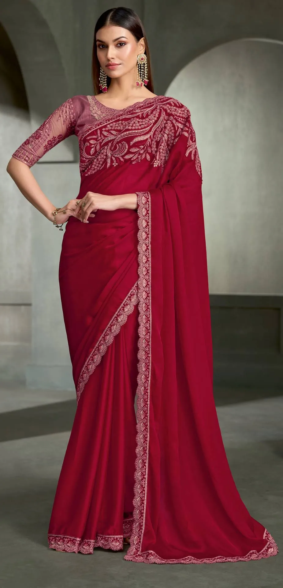 WOMAN'S CHERRY RED SARTIN SILK CHIFFON SAREE & BANGLORI WORK BLOUSE