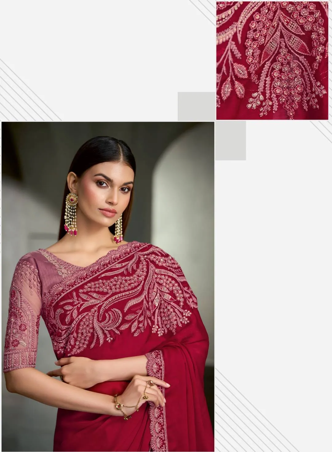 WOMAN'S CHERRY RED SARTIN SILK CHIFFON SAREE & BANGLORI WORK BLOUSE