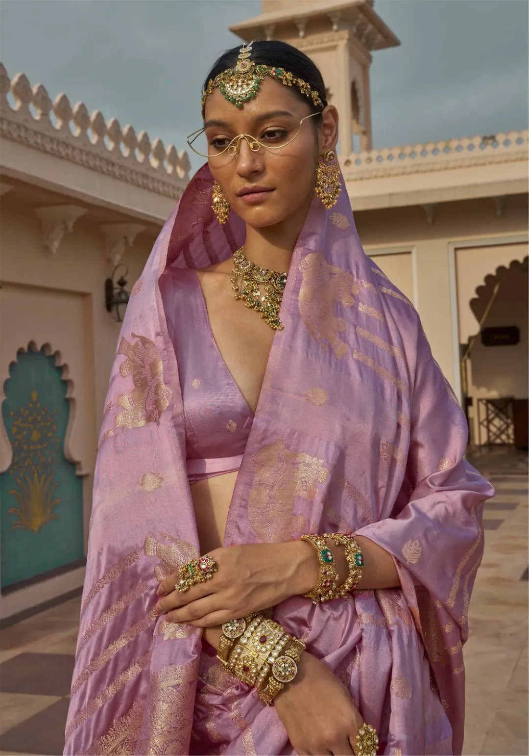 Lavender Banarasi Saree With Gold Elephant Motif