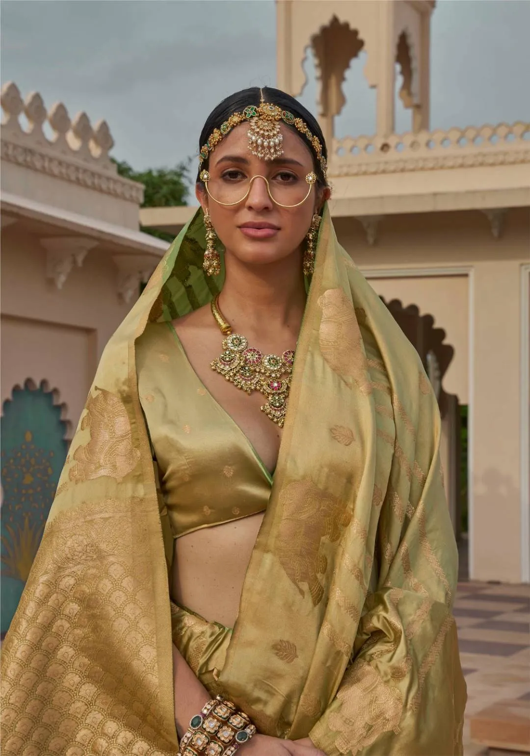 Olive Green Banarasi Silk Saree With Elephant Motif