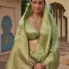 Sage Olive Green Silk Saree With Gold Elephant Zari