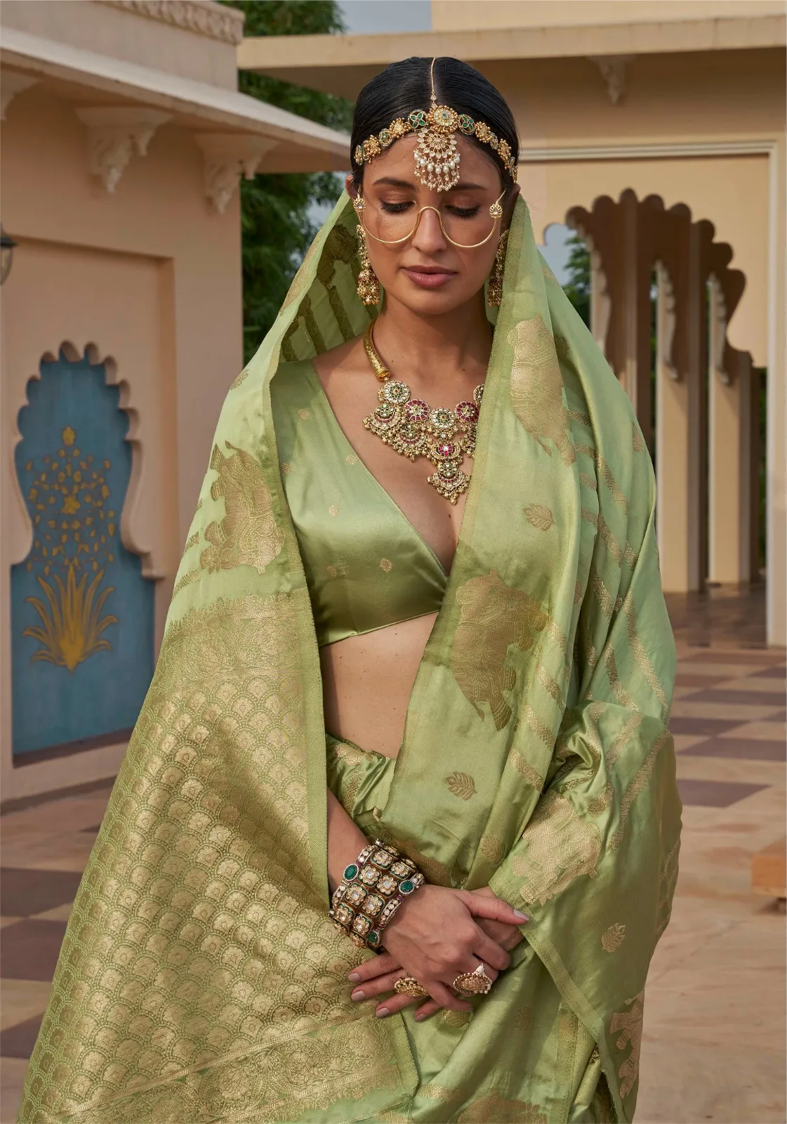 Sage Olive Green Silk Saree With Gold Elephant Zari