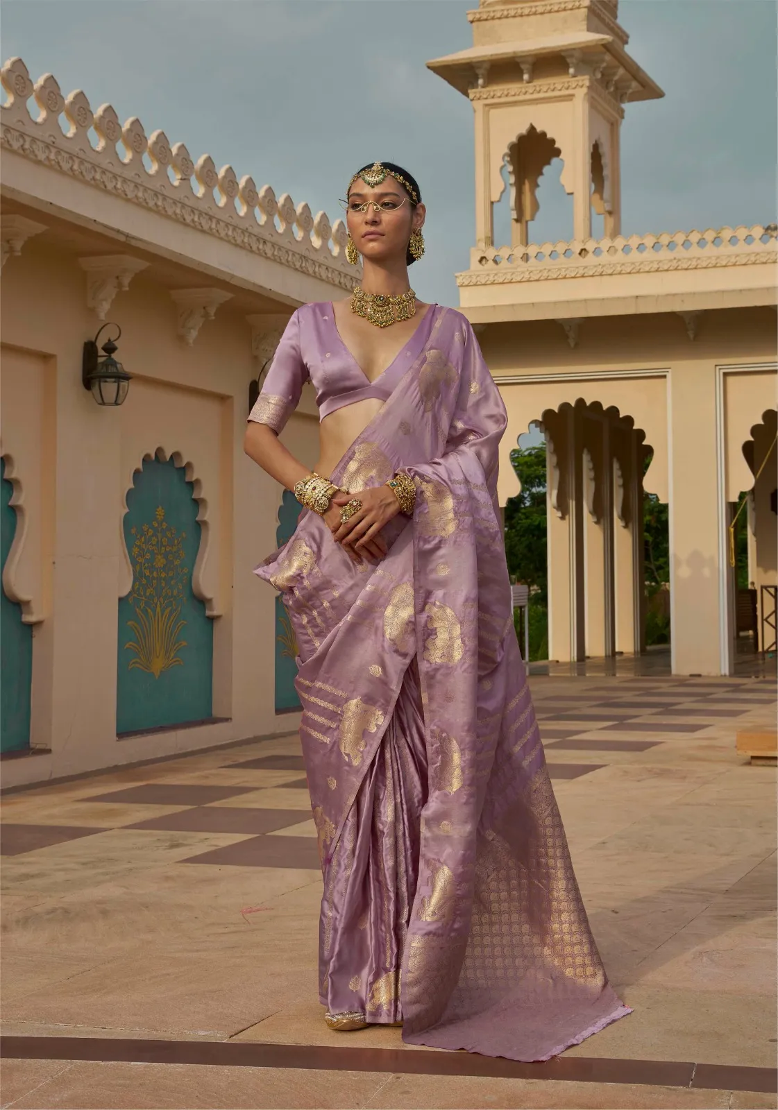 Lavender Banarasi Saree With Gold Elephant Motif