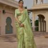 Sage Olive Green Silk Saree With Gold Elephant Zari