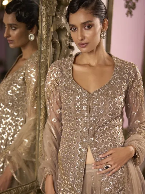 Beige Ivory Gold Sequin Embroidered Party Wear Suit for Wedding & Festive Wear