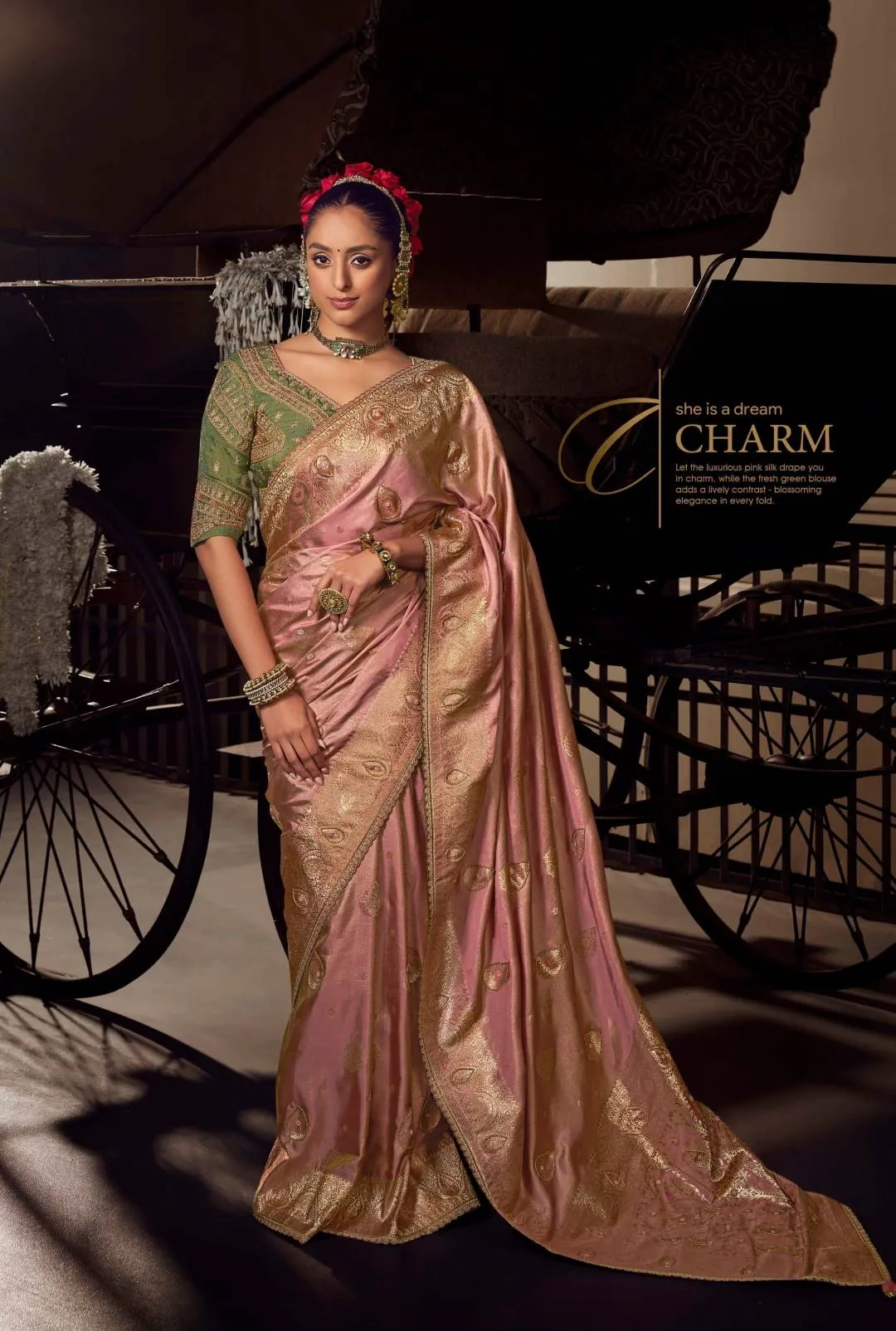 Woman's Salmon Pink Woven Viscose Tissue Silk Saree Paired With Contrast Green Blouse