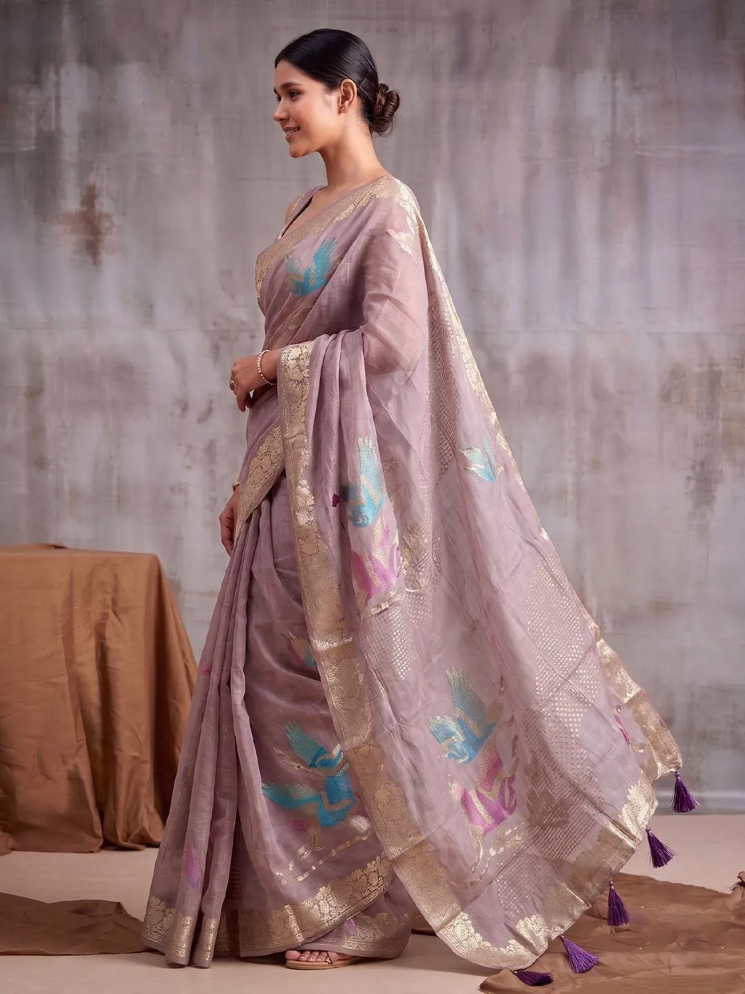 Purple Linen Cotton Blend Fancy Woven Designer Saree
