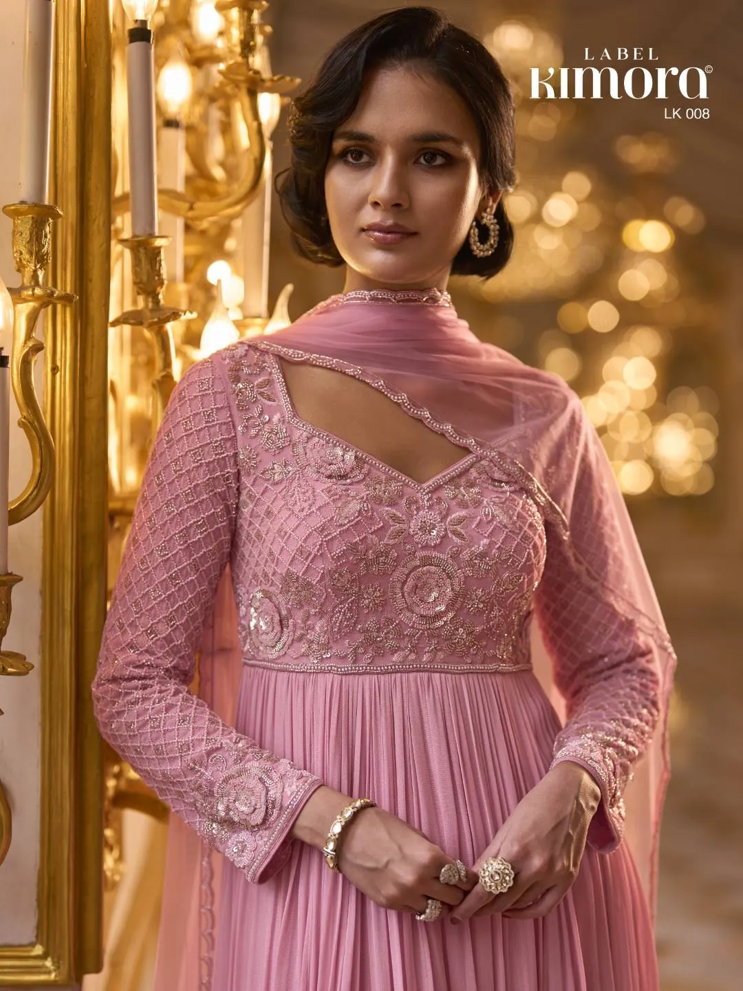 Woman's Vivid Pink Georgette Designer Gown with Beads, Embroidered, Sequins and Zari Work