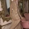 Beige Ivory Gold Sequin Embroidered Party Wear Suit for Wedding & Festive Wear