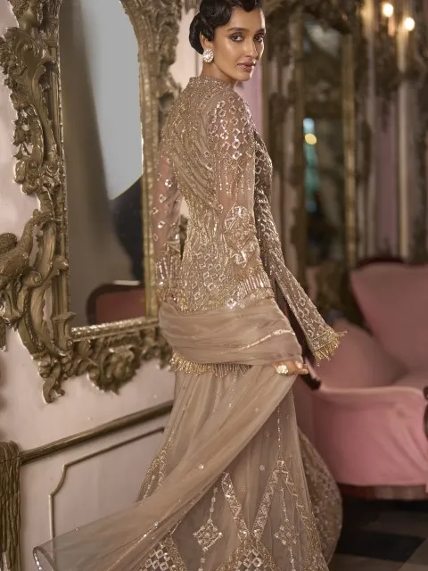 Beige Ivory Gold Sequin Embroidered Party Wear Suit for Wedding & Festive Wear