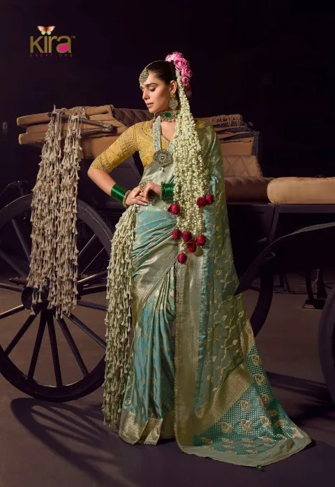Woman's Sea Green Viscose Tissue Handworked Pallu Saree With Embroidered Blouse Piece