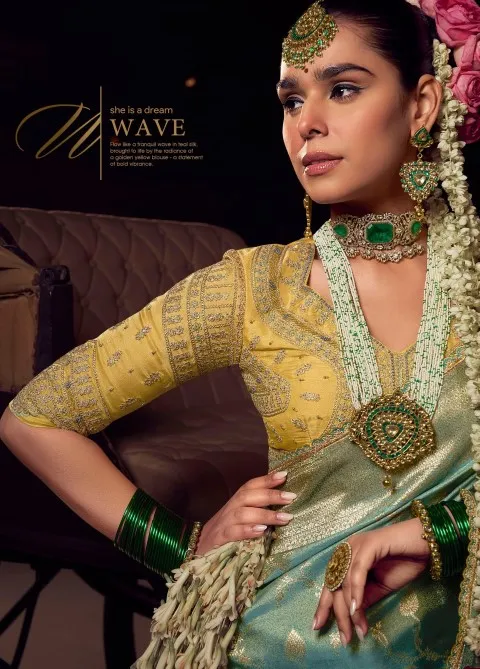 Woman's Sea Green Viscose Tissue Handworked Pallu Saree With Embroidered Blouse Piece