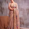 Dusty Pink Linen Cotton Saree With Antique Zari Work For Woman