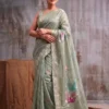 Sea Green Mustard Linen Cotton Blend Fancy Woven Designer Saree With Antique Zari Work