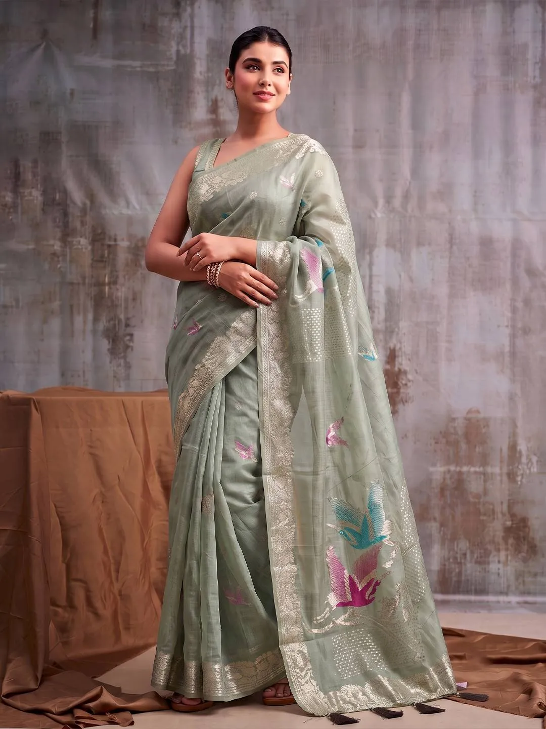 Sea Green Mustard Linen Cotton Blend Fancy Woven Designer Saree With Antique Zari Work