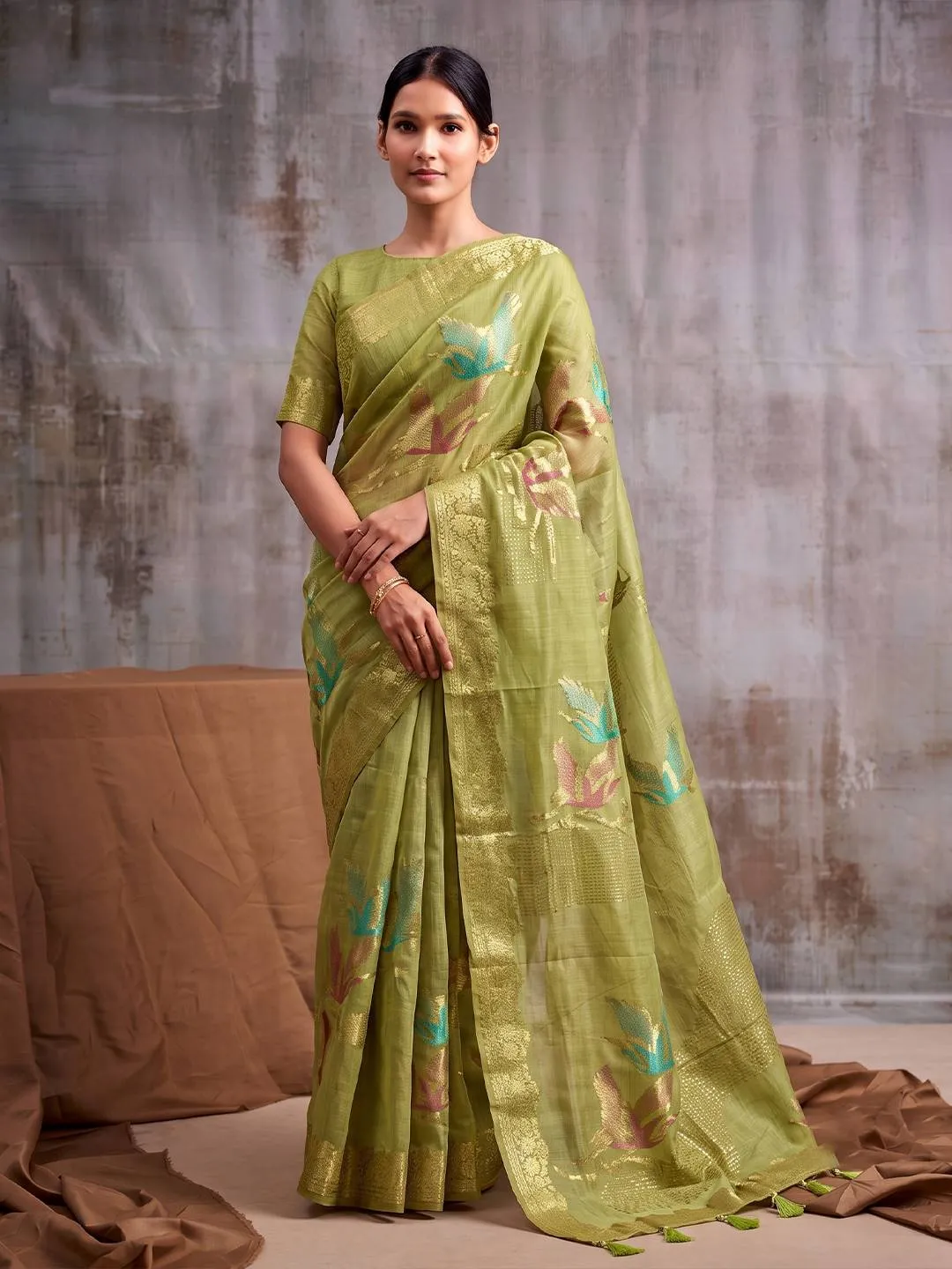 Graceful Pista Green Linen Cotton Woven Designer Saree for woman