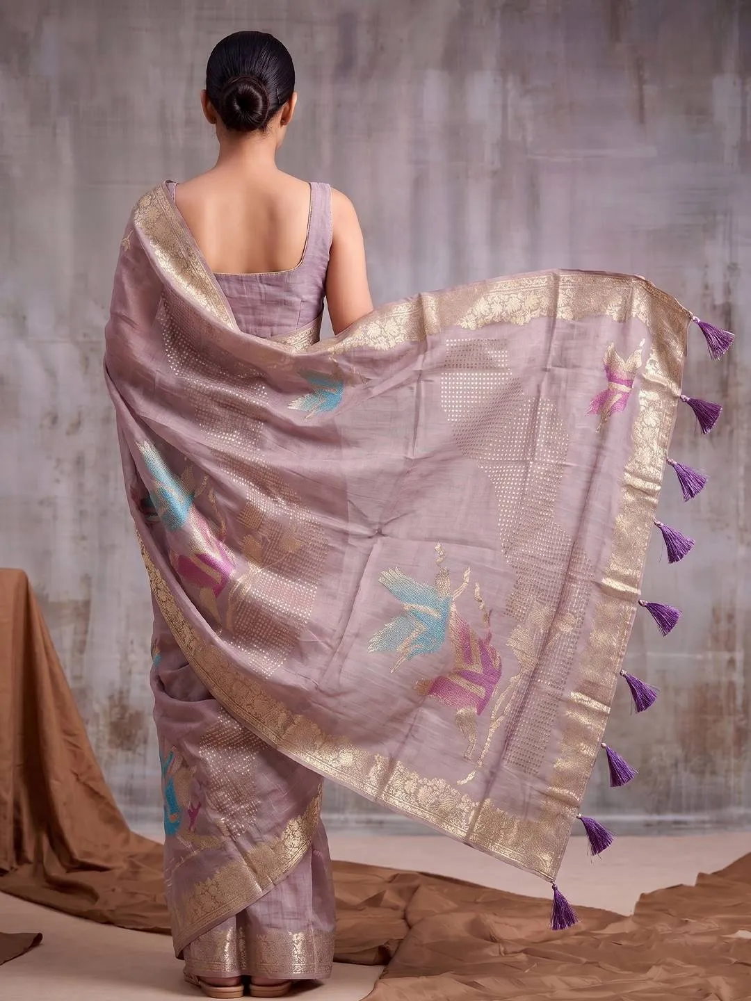 Purple Linen Cotton Blend Fancy Woven Designer Saree