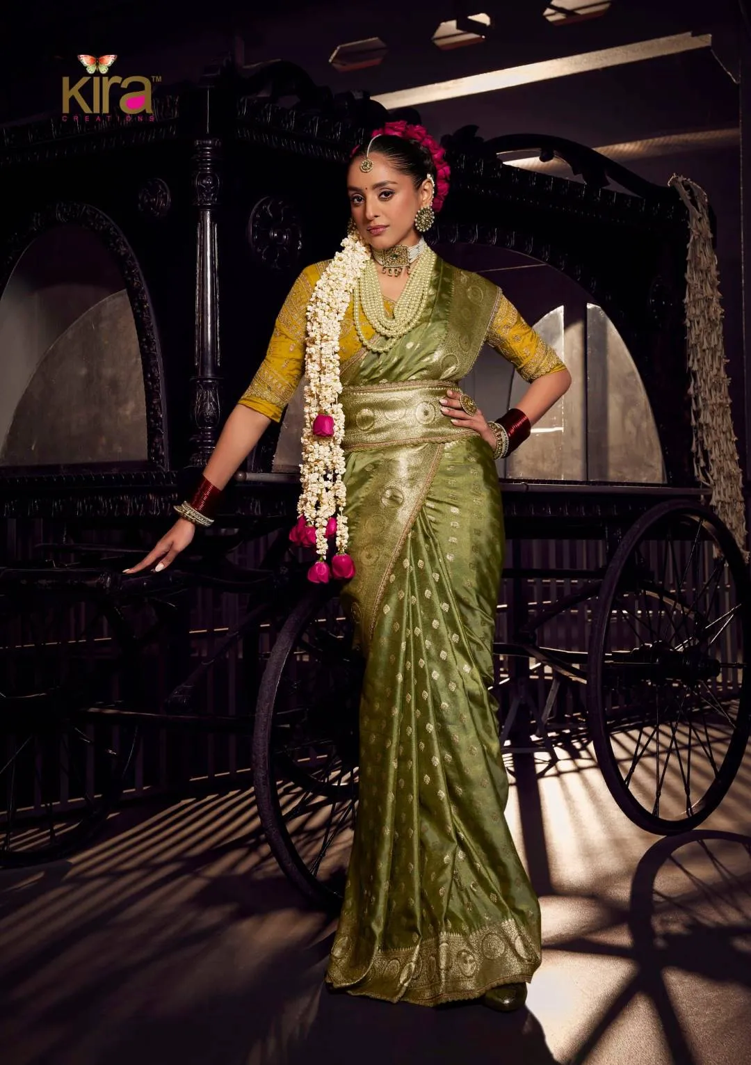 Woman's Olive Green Banarasi Saree with Mustard Embroidered Blouse