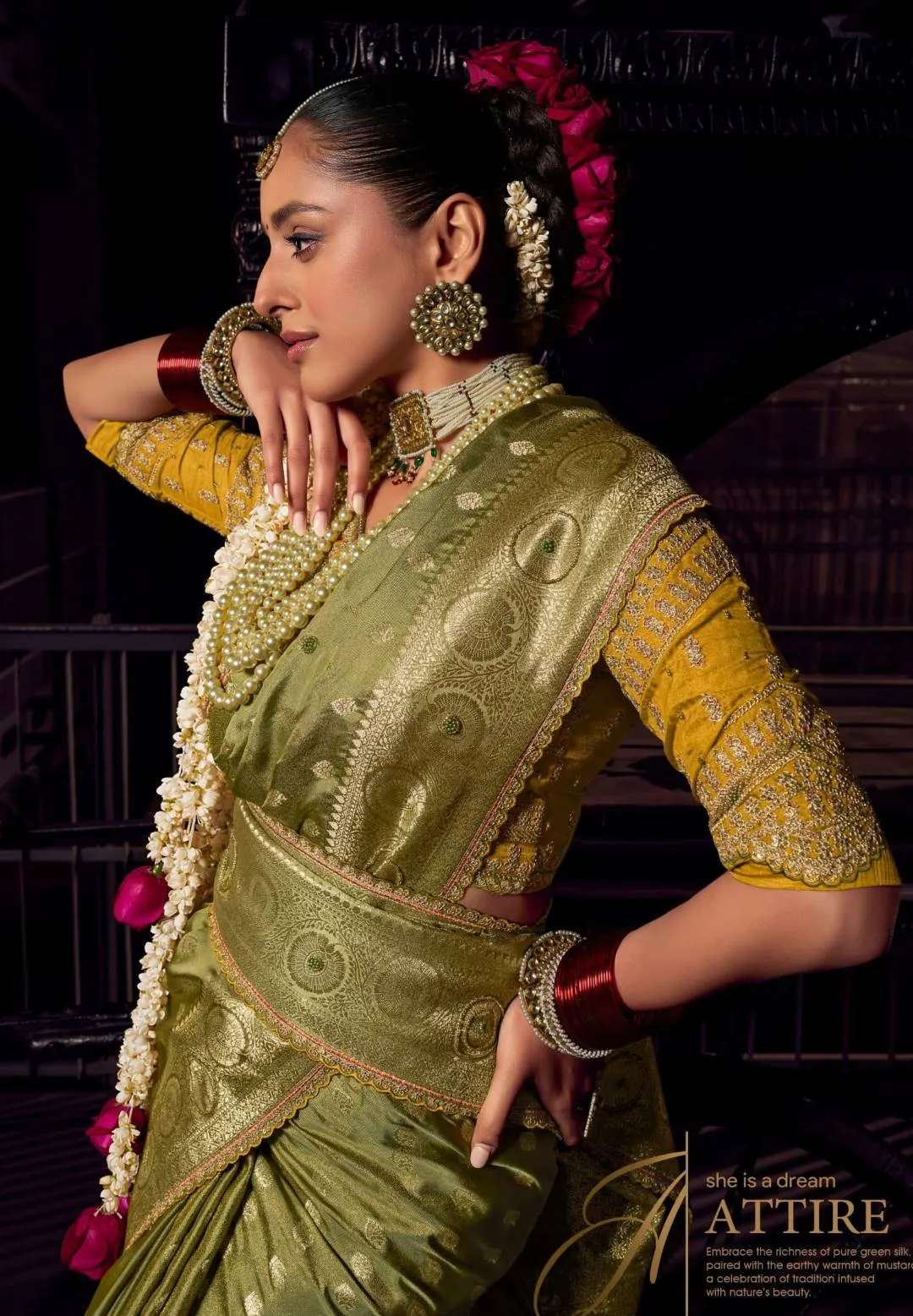 Woman's Olive Green Banarasi Saree with Mustard Embroidered Blouse