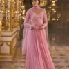 Woman's Vivid Pink Georgette Designer Gown with Beads, Embroidered, Sequins and Zari Work